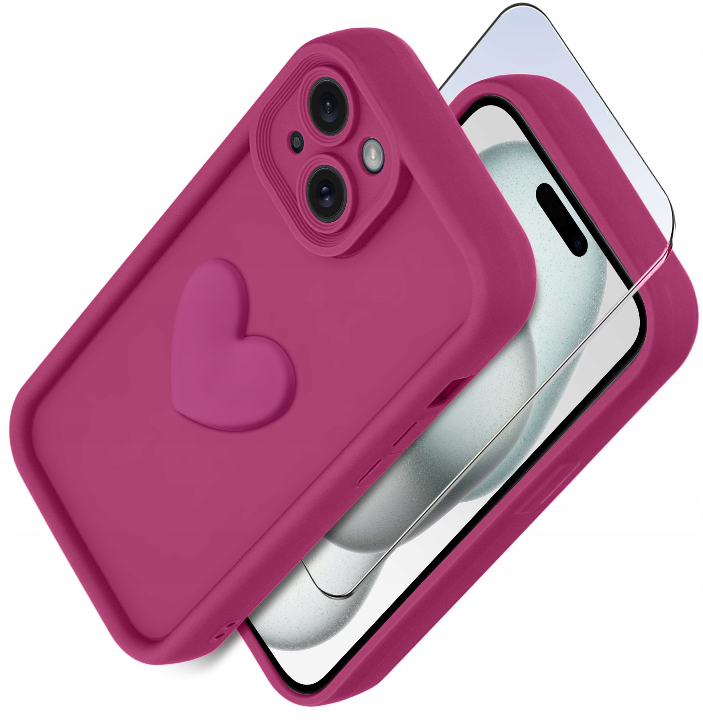 Etui do iPhone 15 silikonowe MATOWE serce + Szkło ochronne na ekran 9H