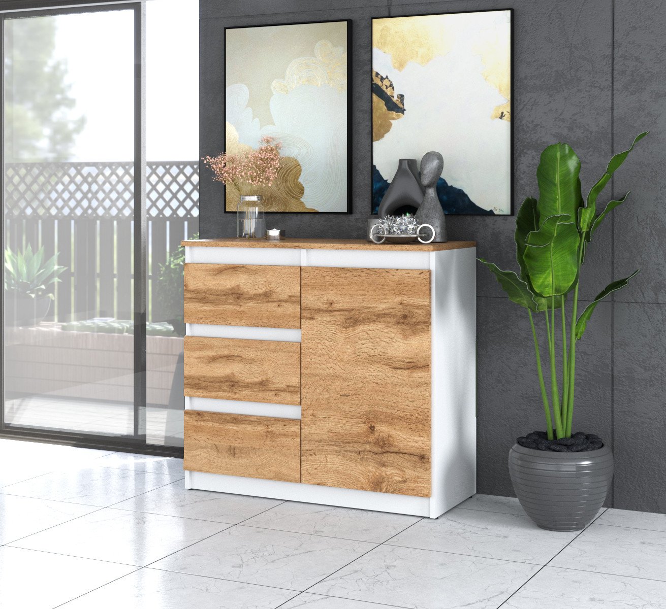 Komoda Nowoczesna Wąska 3 Szuflady 80cm Salon Młodzieżowa Biała Dąb Wotan