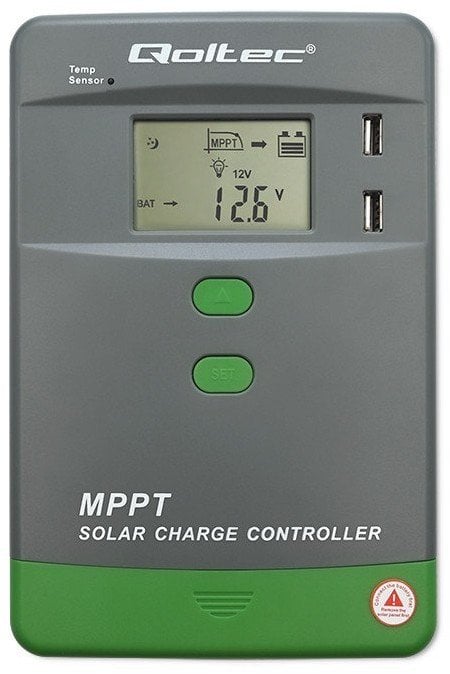 Solarny regulator ładowania MPPT z czujnikiem temperatury 30A | 12V/24V | LCD | 2xUSB | Bluetooth | APP | GEL | LiFePO4 Qoltec