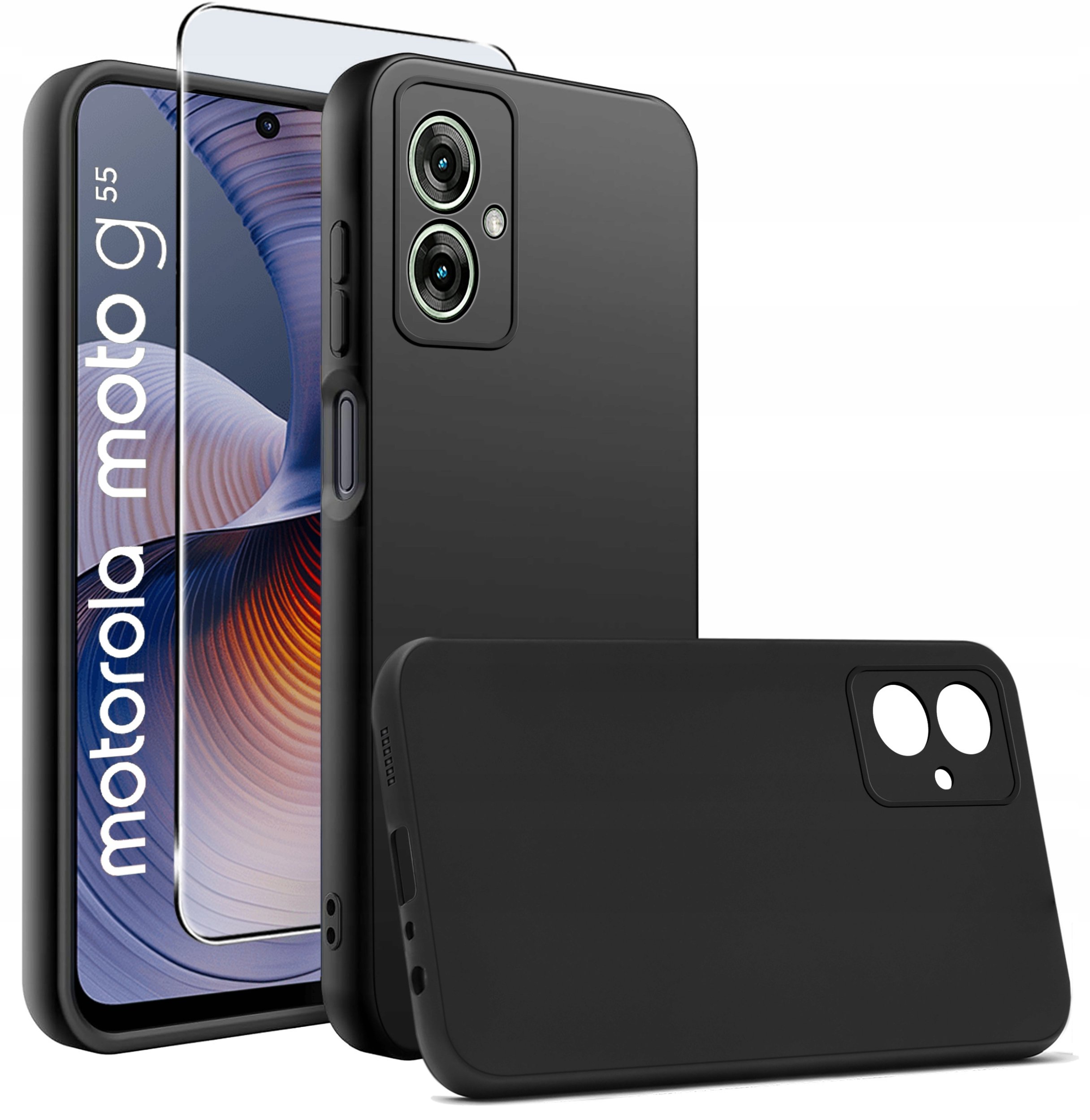 Etui do Motorola Moto G55 5G silikonowe MATOWE CZARNE + Szkło ochronne 9H