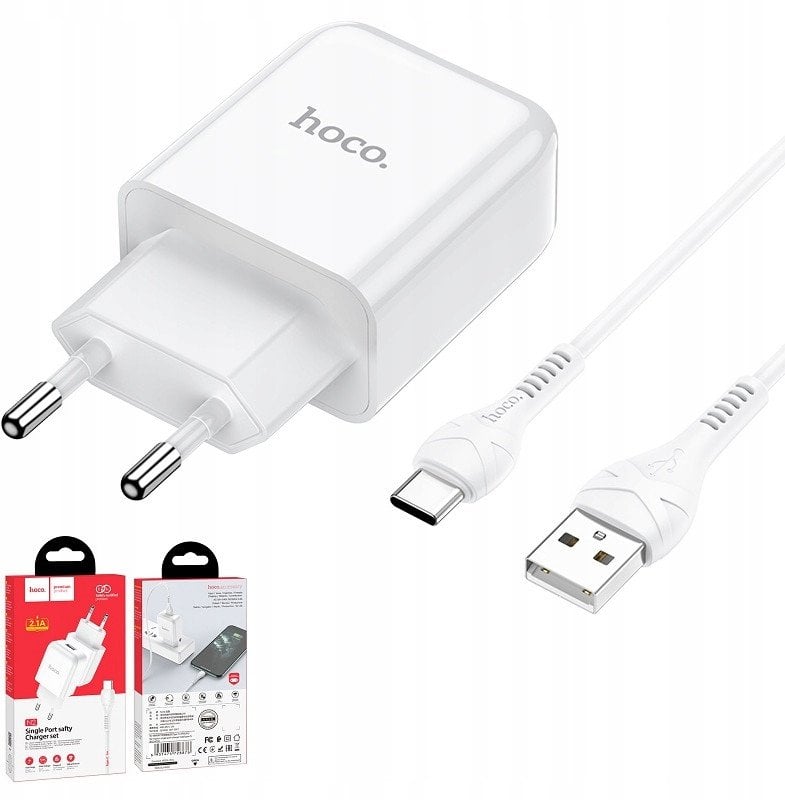 Hoco N2 universāls tīkla lādētājs USB / 5V / 2.4A + USB-C vads 1M balts