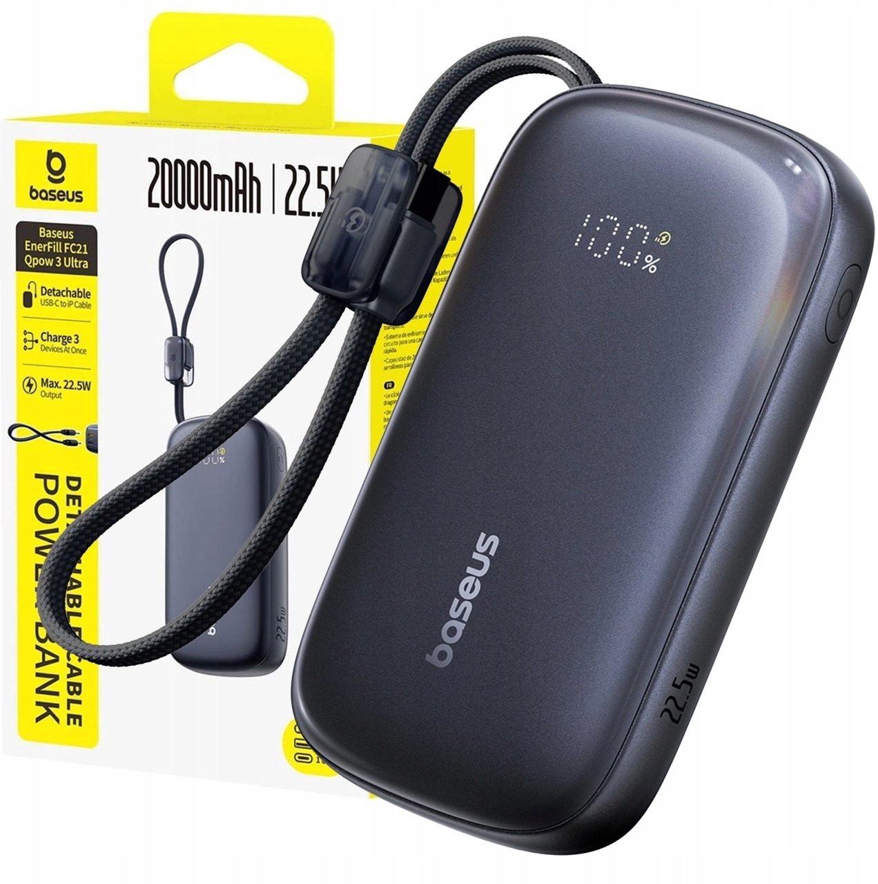 Powerbank Baseus Powerbank EnerFill FC21 Qpow 20000mAh 22.5W z wyświetlaczem z dołączonym kablem - czarny