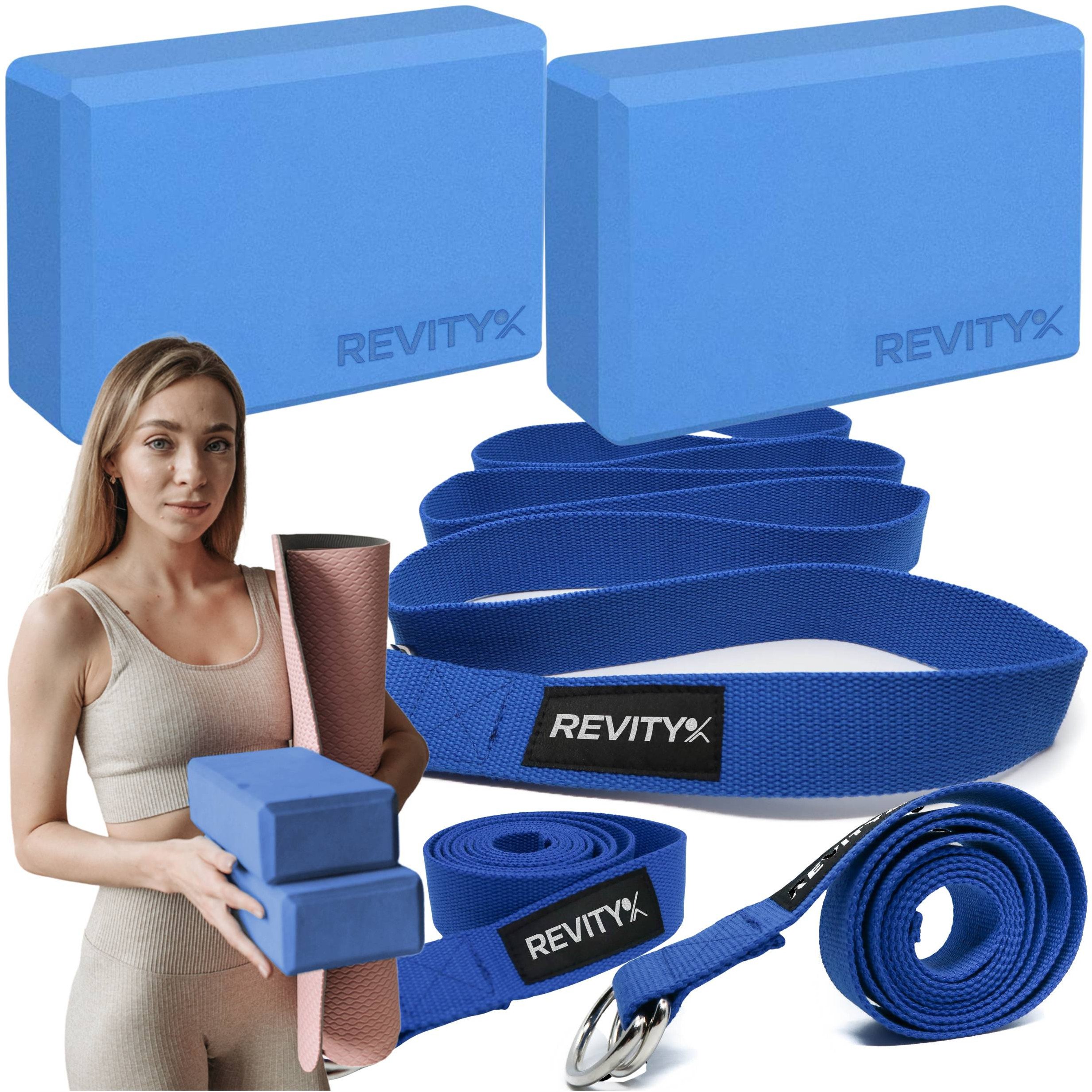 Klocek do jogi, EVA, 23x15x7.5 cm, 2 szt. i pasek do jogi, 3,8x200 cm - zestaw do rozciągania