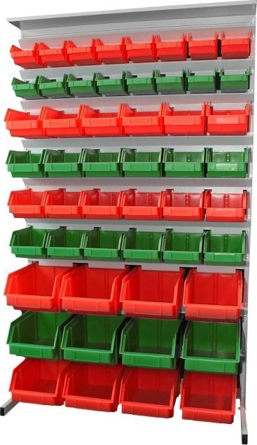 Leomar regal-do-pojemnikow-warsztatowych-dwustronny-wym-1690x940x650mm-z-polka-104-pojemniki-zielone-czerwone