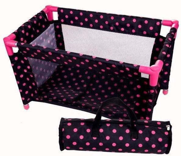 Łóżeczko-kojec dla lalek czarny w różowe groszki