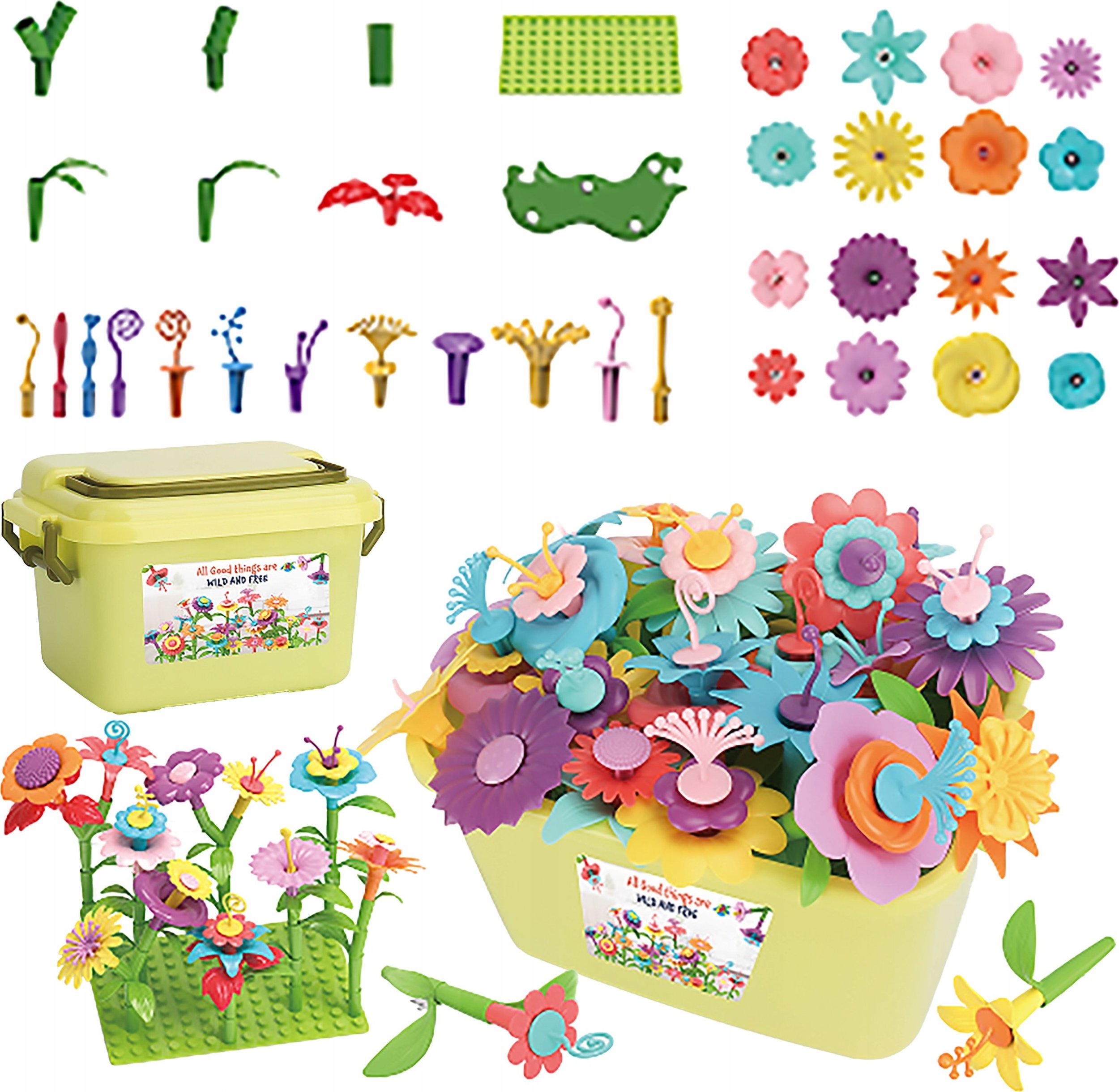 Klocki konstrukcyjne w kuferku, Ogród Kwiatki, Zestaw Do Zbudowania Kwiatowej Kompozycji 135 El.