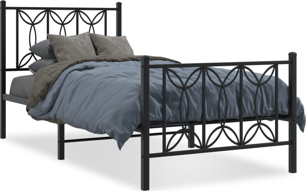 Metalowa Rama Łóżka Z Wezgłowiem I Zanóżkiem, Czarna, 75X190 Cm