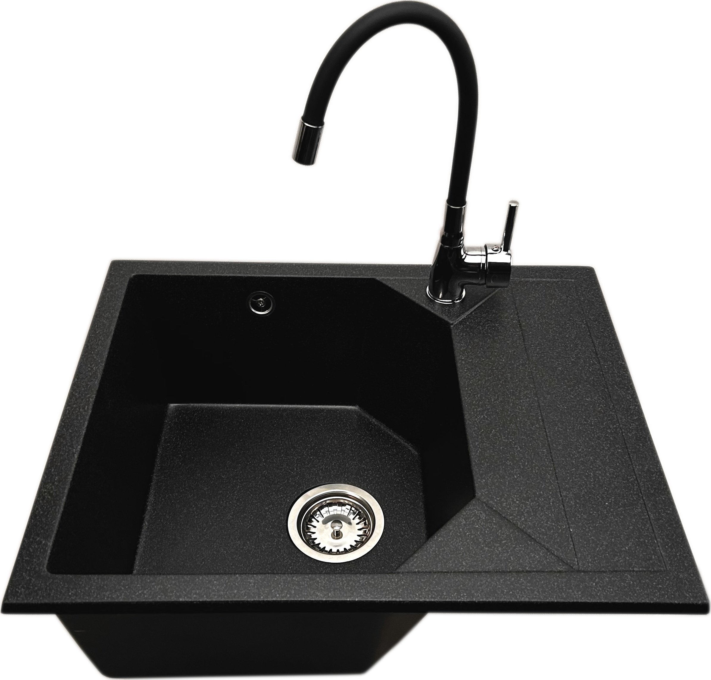 Zlewozmywak PREHNIT Zlewozmywak jednokomorowy z ociekaczem POLLO grafit z prawym ociekaczem + bateria flex LAVO