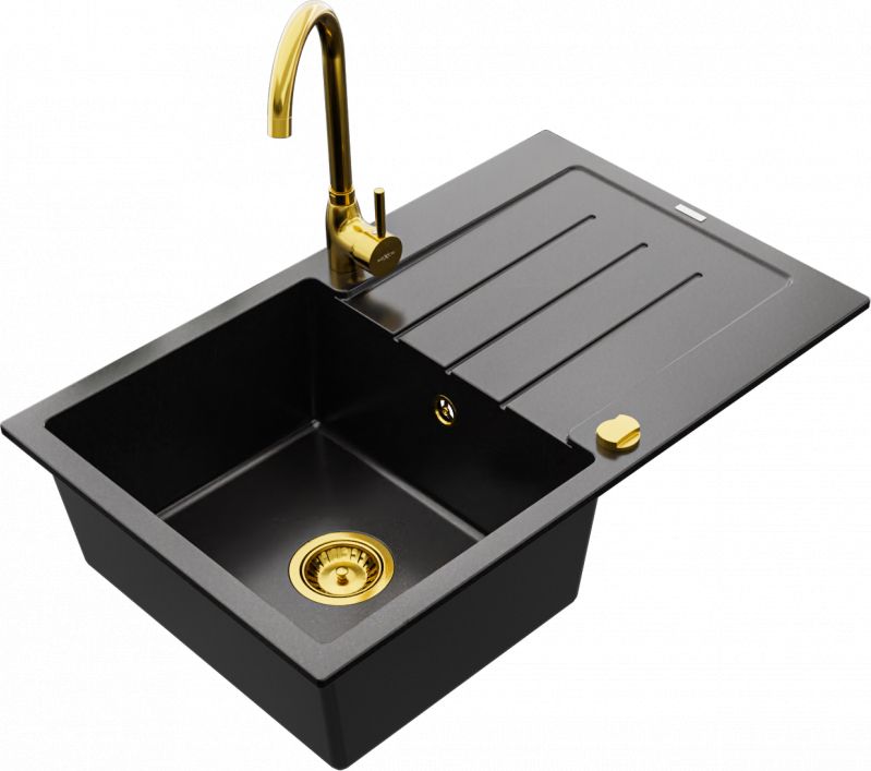Zlewozmywak Mexen Mexen Bruno zlewozmywak granitowy 1-komorowy z ociekaczem i baterią kuchenną Telma, czarny - 6513-77-670200-50
