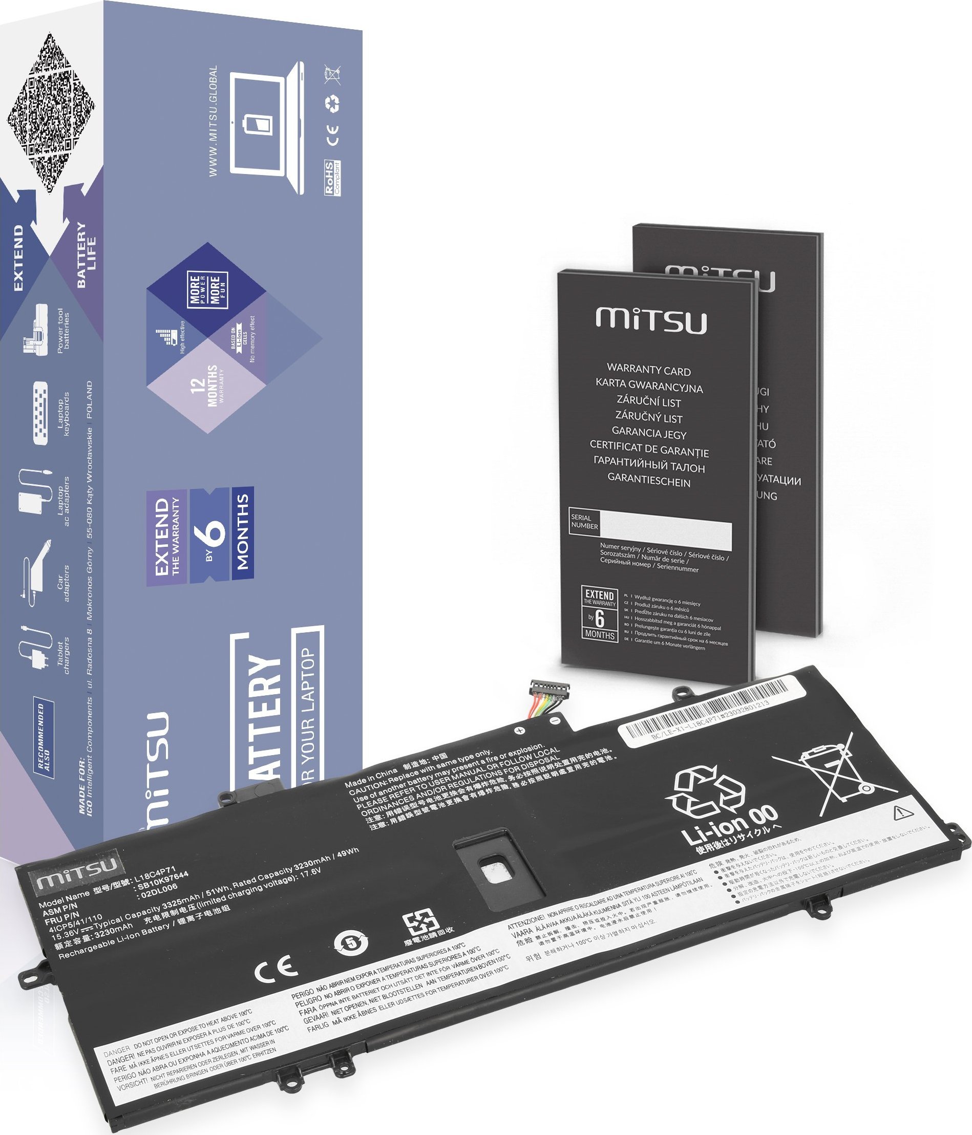 Zasilacz do laptopa Mitsu Bateria do Lenovo ThinkPad X1 Yoga 4 5 Carbon 7 8