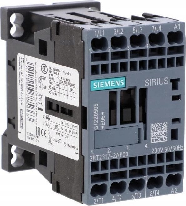 Siemens Stycznik S00 AC-1 14.5 kW / 400V AC-1 22A AC 230V 50/60Hz 4R 4P przyłącze sprężynowe 3RT2317-2AP00