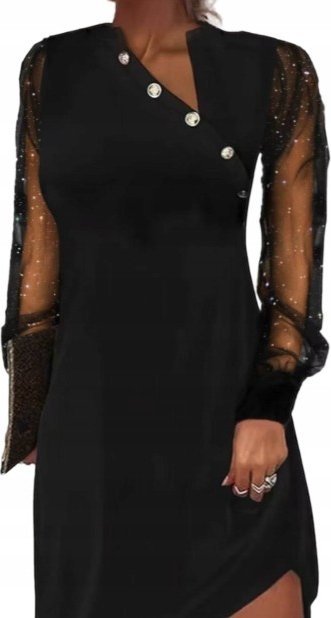 Kobieca Elegancka Sukienka Wieczorowa Czarna Długi Rękaw 2XL