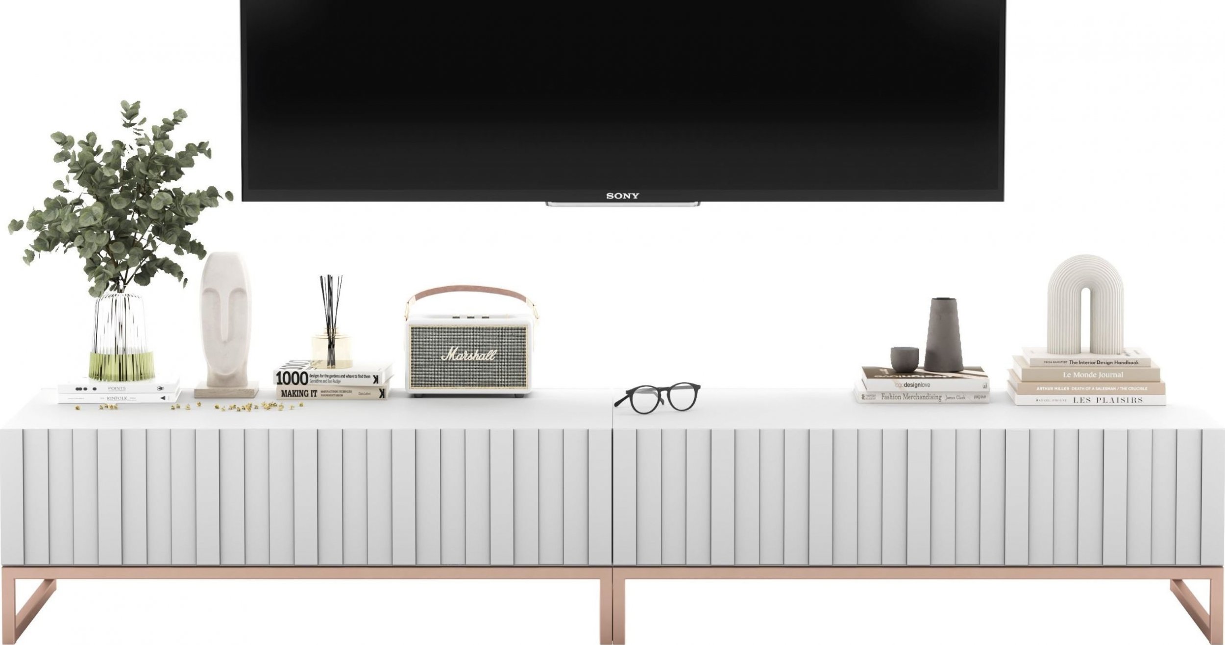 Meble Lindner Szafka RTV Glamour Komoda RTV Meble Lindner Stolik Biały Mat Ryflowane Fronty 220 cm