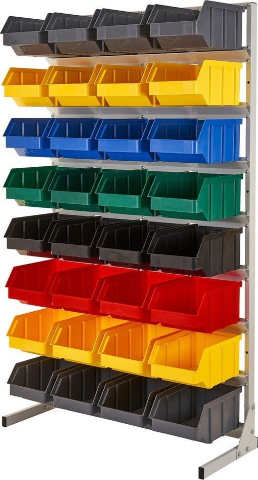 qBox Regał do pojemników warsztatowych, jednostronny. Wym: 1610x940x380mm 32 pojemniki (Regał z pojemnikami)