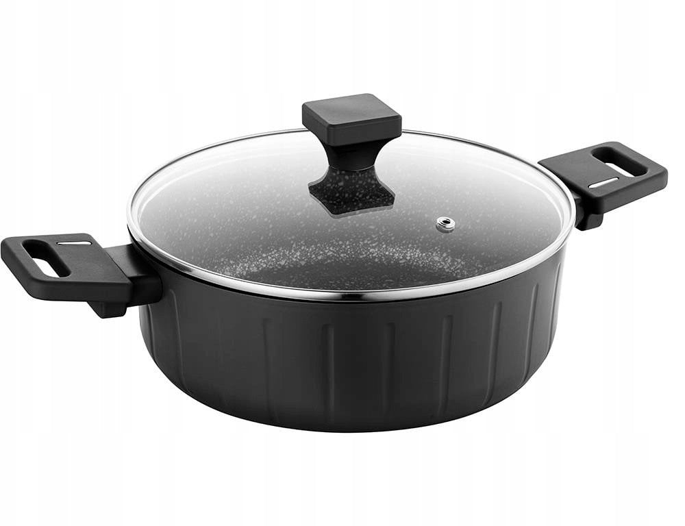 GARNEK VERIO 28 CM 4,4L. Z POKRYWKĄ, NISKI, IND. by M.G. (SZARY, POWŁOKA NIEPRZYWIERALNA, UCHWYT CZARNY)