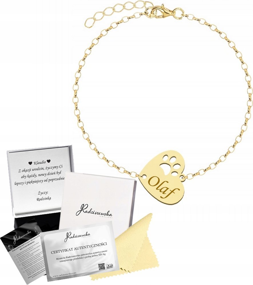 Radziszewska Jewellery Bransoletka Złota ŁAPKA PSA KOTA Serce Imię Pupila 925 Prezent Biżuteria