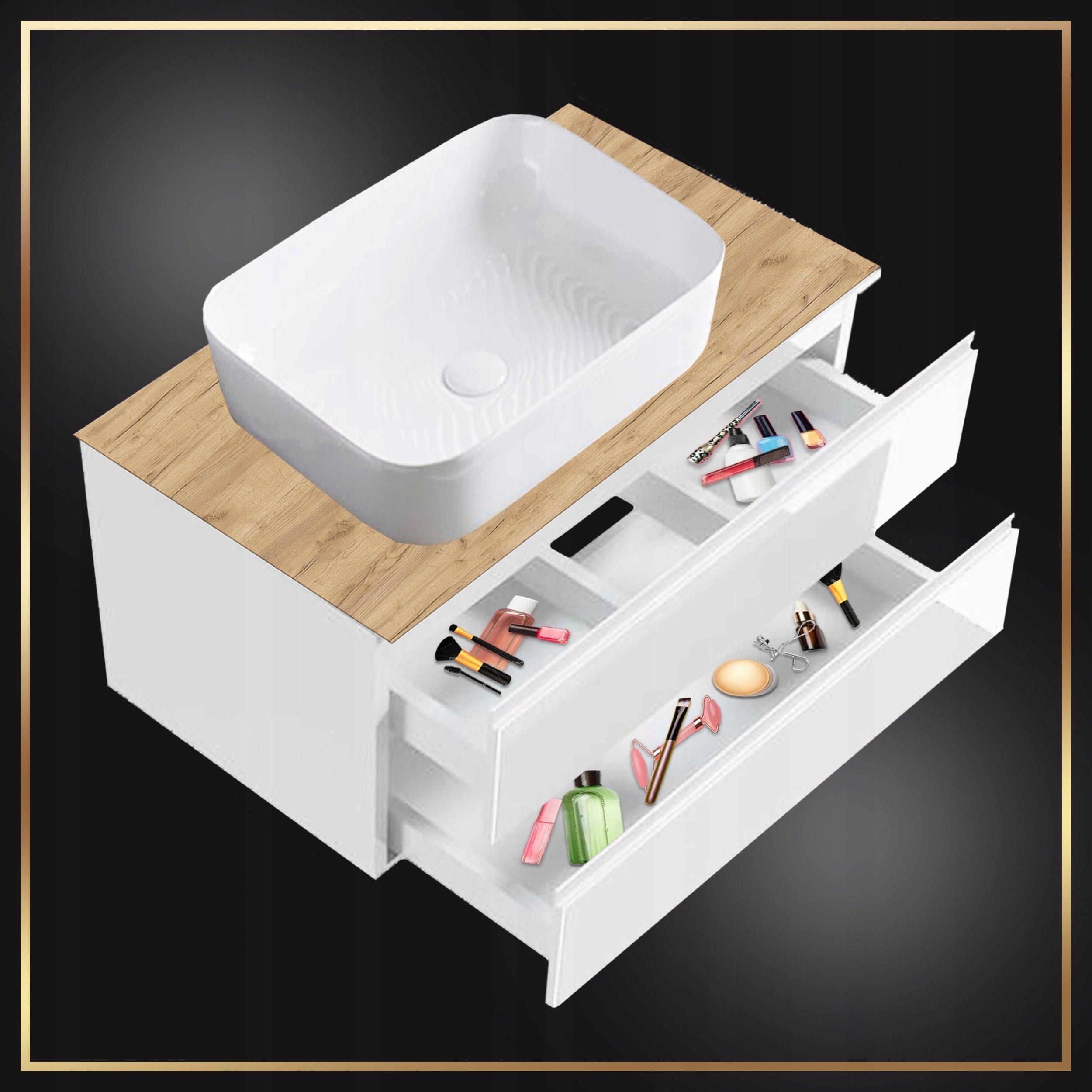 Szafka Wisząca Mod Biała + Blat Dąb Złoty 100 Lakier Umywalka Nablatowa 50