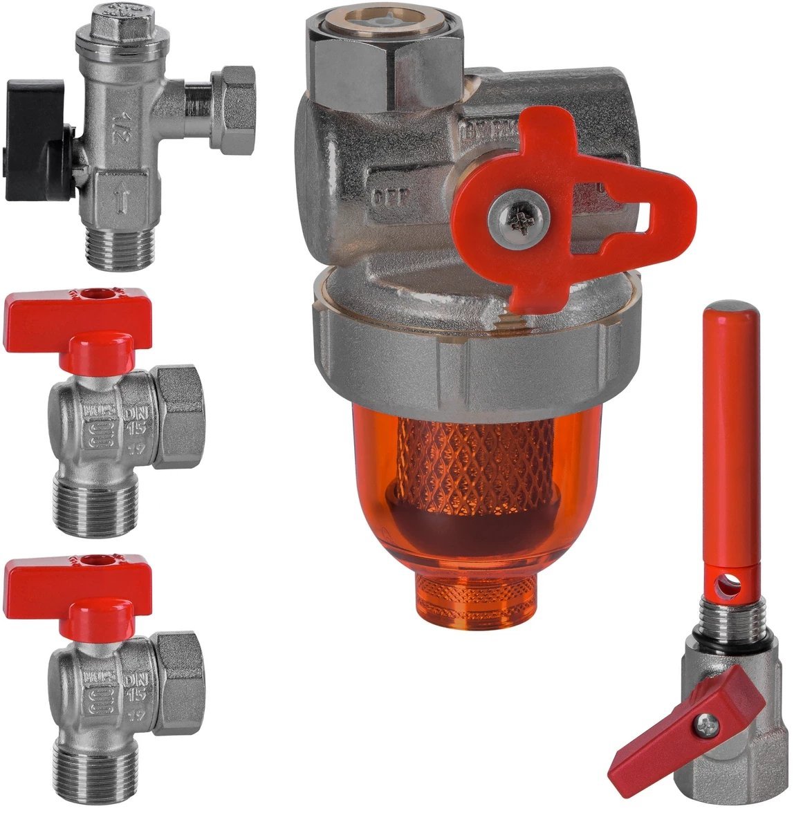 Uniwersalny zestaw zaworów kątowych do kotłów gazowych z separatorem magnetycznym T3 2x1/2 i 2x3/4