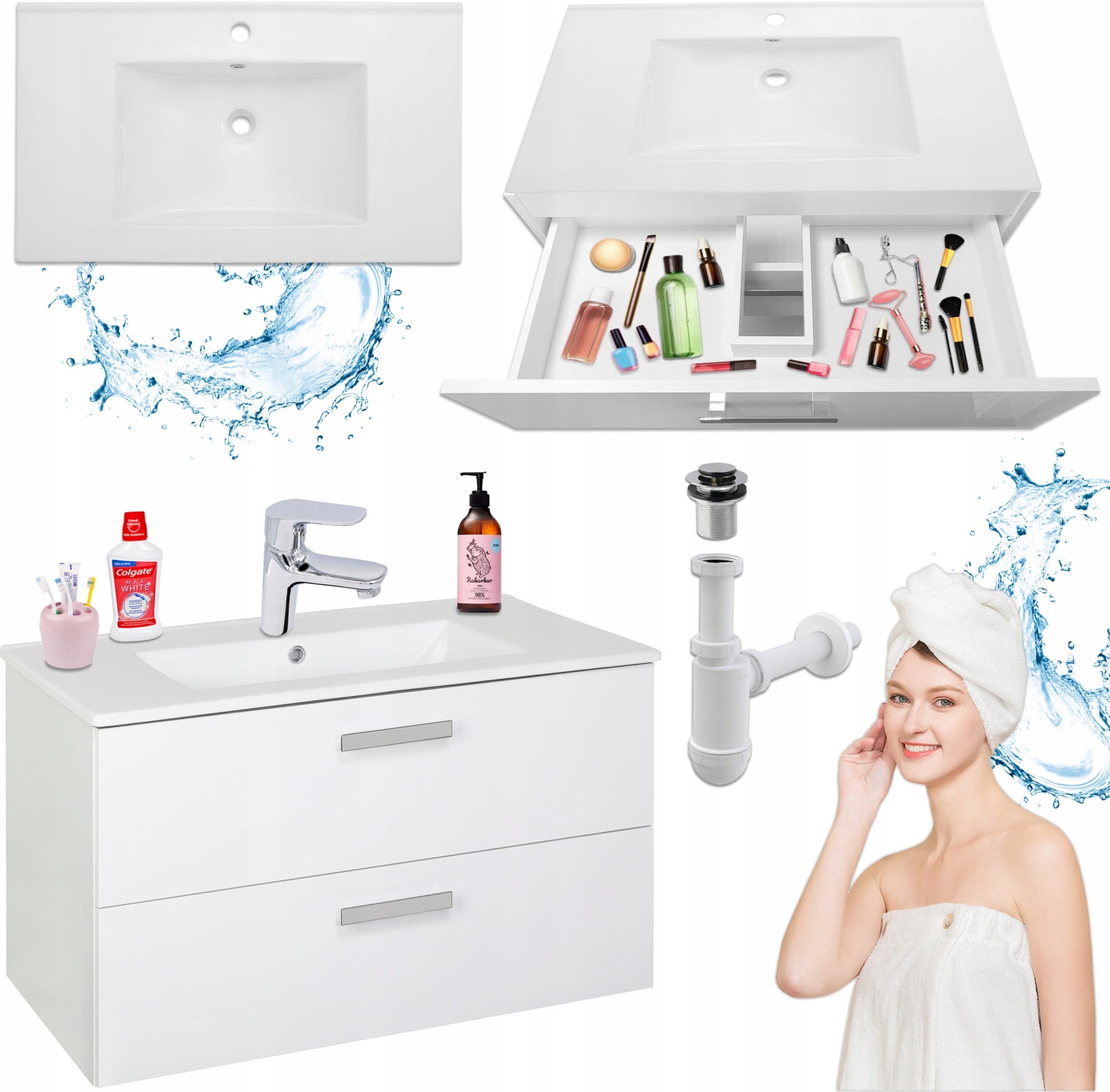 Stamar Biała Wisząca Szafka z Umywalką 80 + Bateria Click Clack Sig + Syfon Seni