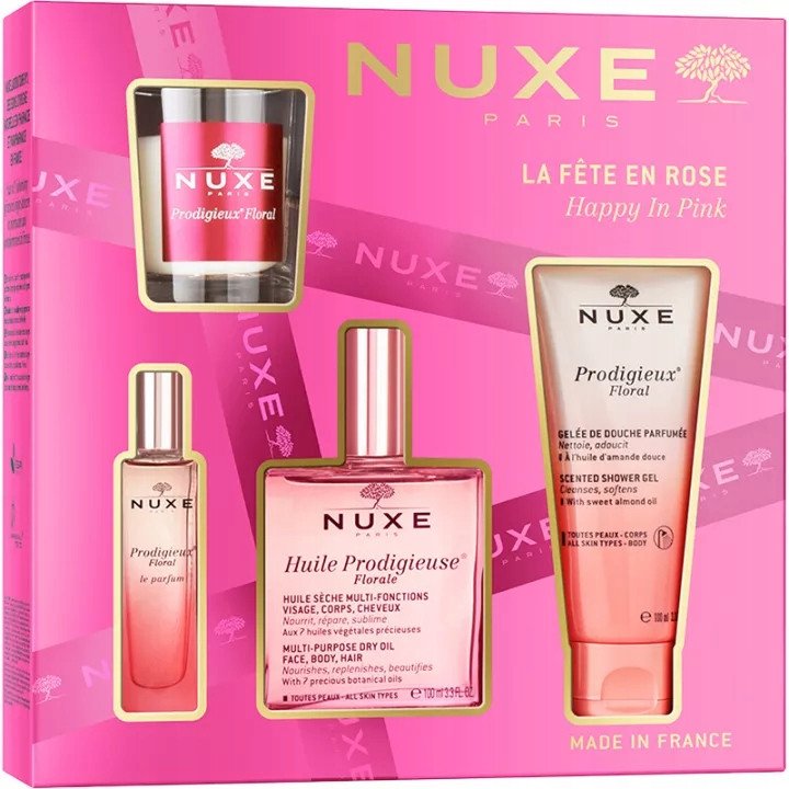 NUXE_SET Happy In Pink Huile Prodigieuse Florale suchy olejek pielęgnacyjny o kwiatowym zapachu 100ml + Prodigieux Floral żel pod prysznic 100ml + Pr