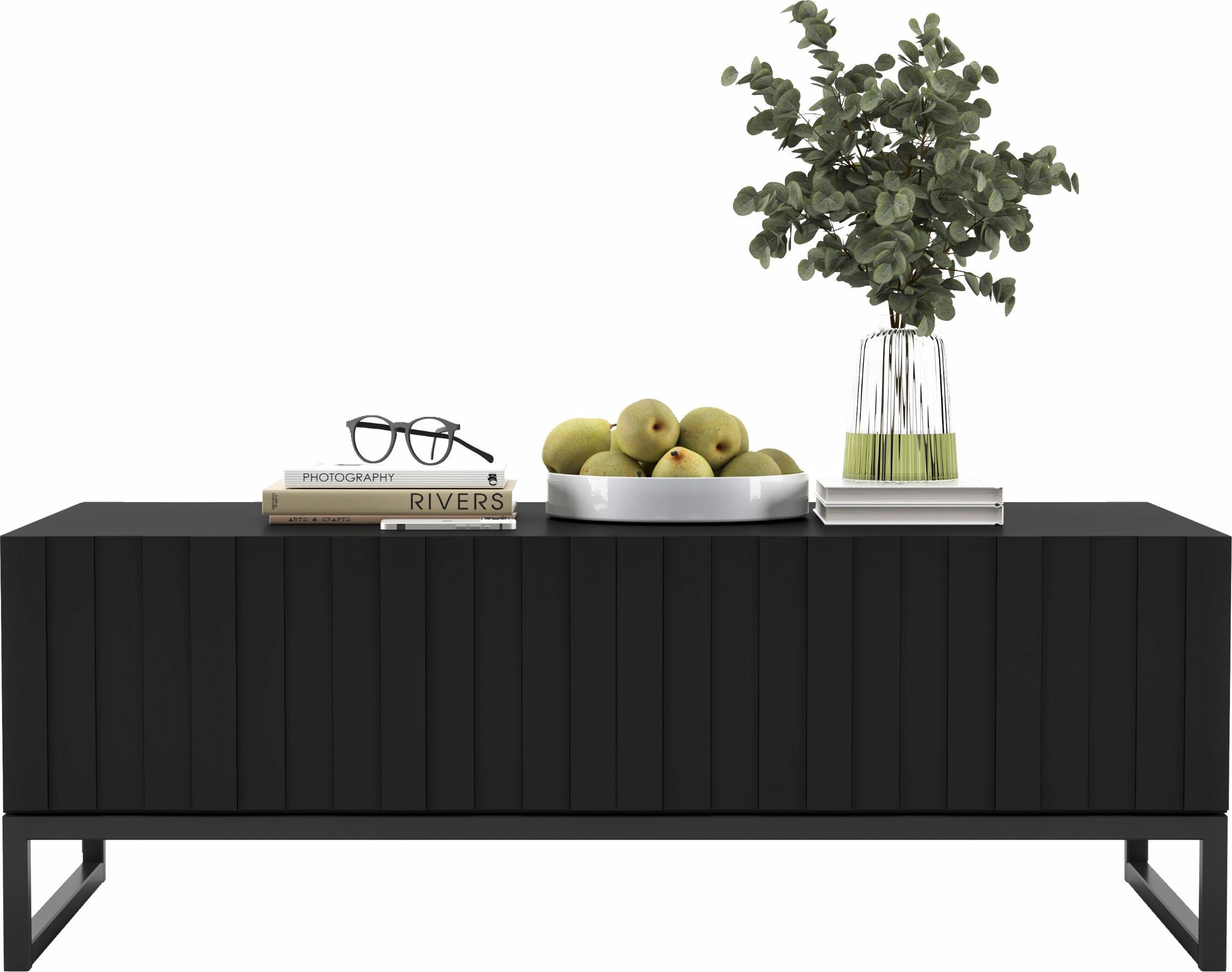 Meble Lindner Meble Lindner Stolik kawowy Glamour prostokątny nowoczesny ława Glamour Czarny Mat 110 cm Ryflowane fronty Glamour Czarna Metalowa Rama