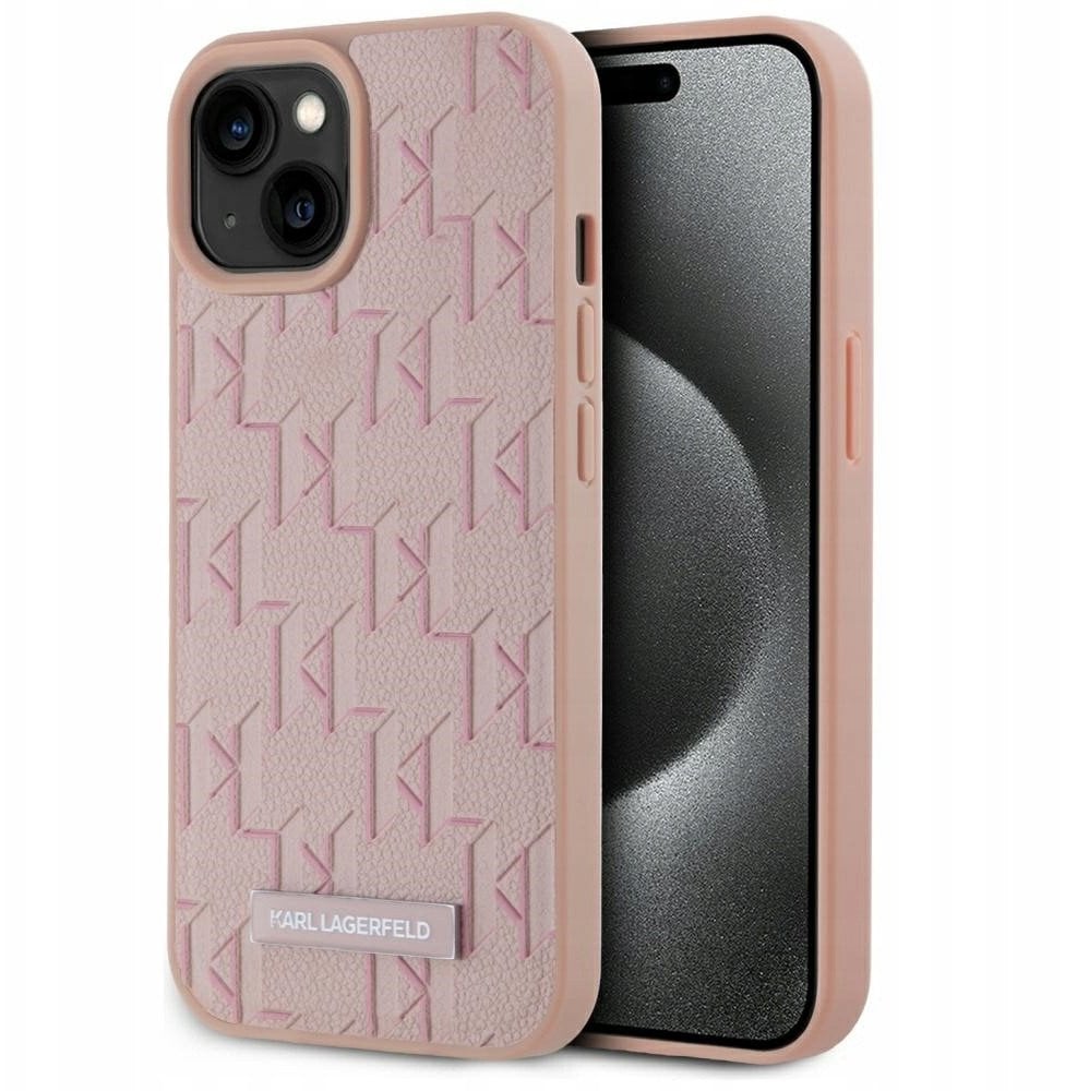 Karl Lagerfeld Case Leather Monogram Metal Logo MagSafe for iPhone 15 pink