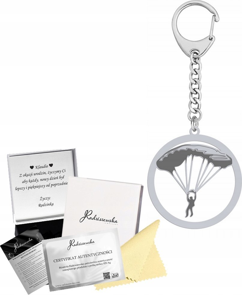 Radziszewska Jewellery Brelok do Kluczy Spadochroniarz Srebro 925 Prezent GRAWER DEDYKACJA GRATIS