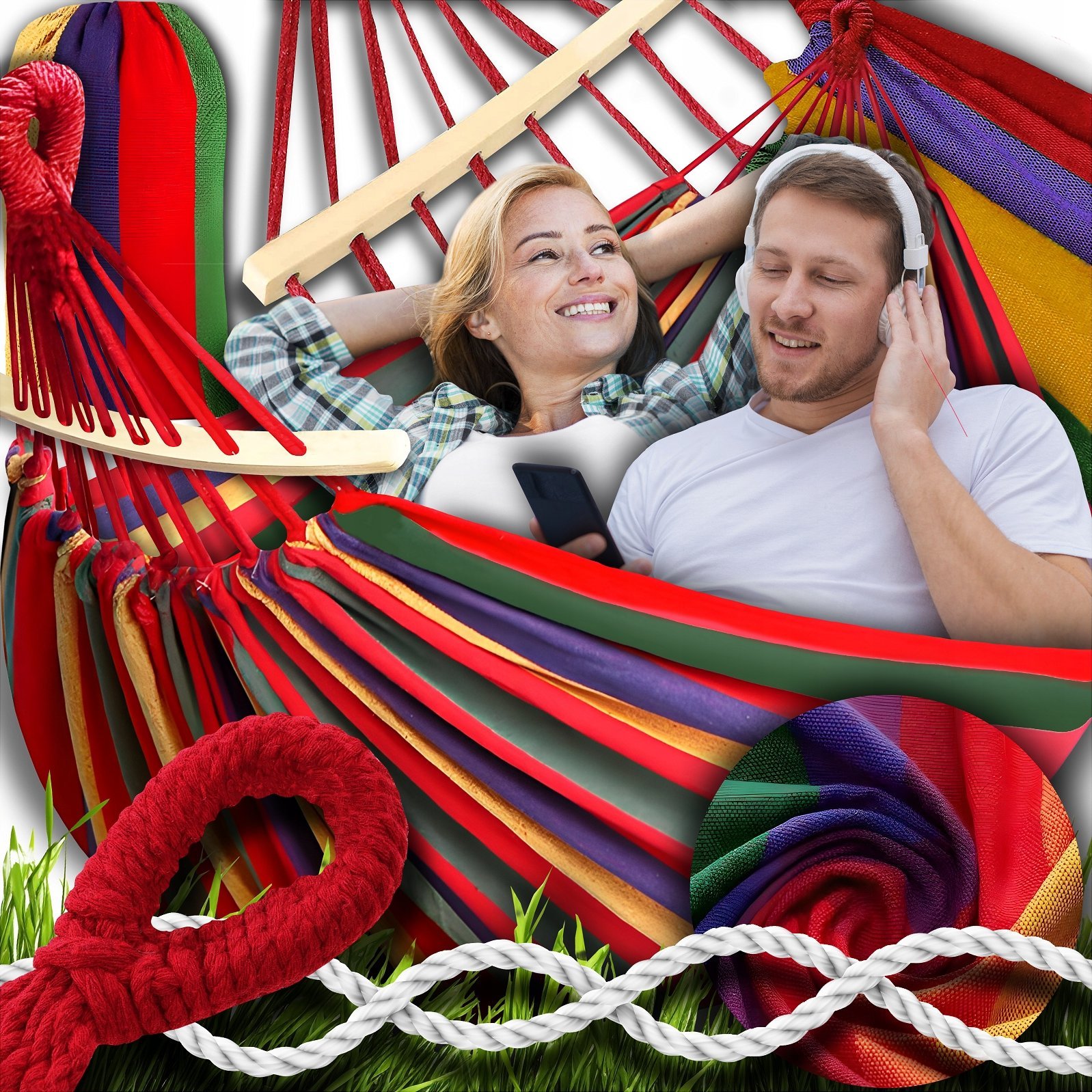 GALAXIA HAMAK OGRODOWY 2 OSOBOWY DUŻY Turystyczny DWUOSOBOWY Z DRĄŻKIEM XXL 260x150