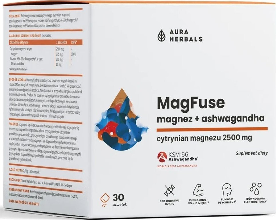 Aura Herbals MagFuse: Magnez 375 mg + Ashwagandha 200 mg, owoce leśne