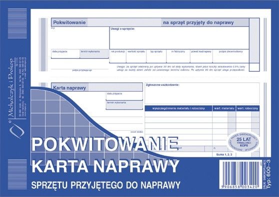 Herlitz POKWITOWANIE KARTA NAPRAW