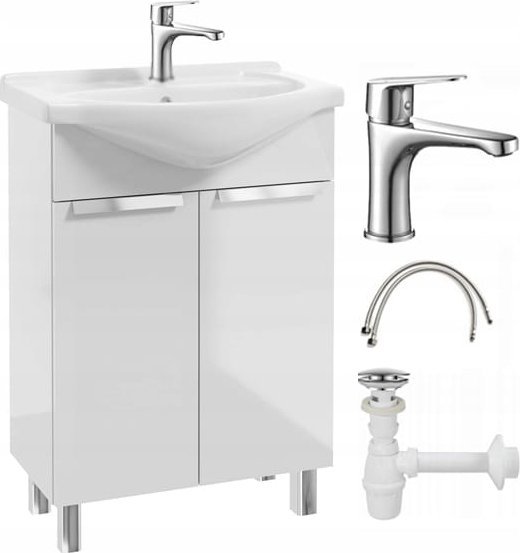 Szafka łazienkowa z umywalką baterią syfonem stojąca biały połysk 60x85cm