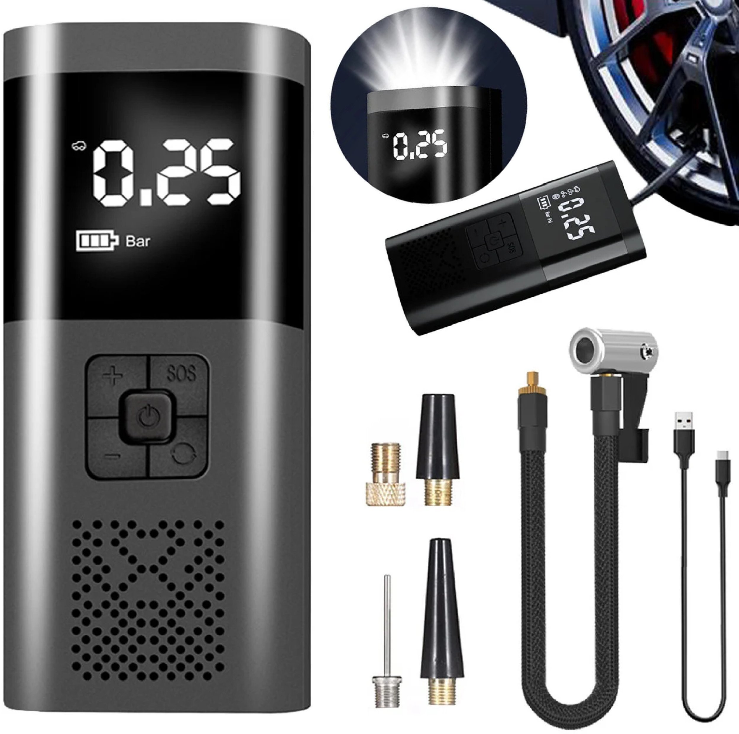 Akumulatorowa pompka elektryczna mini kompresor samochodowy flashlight SOS