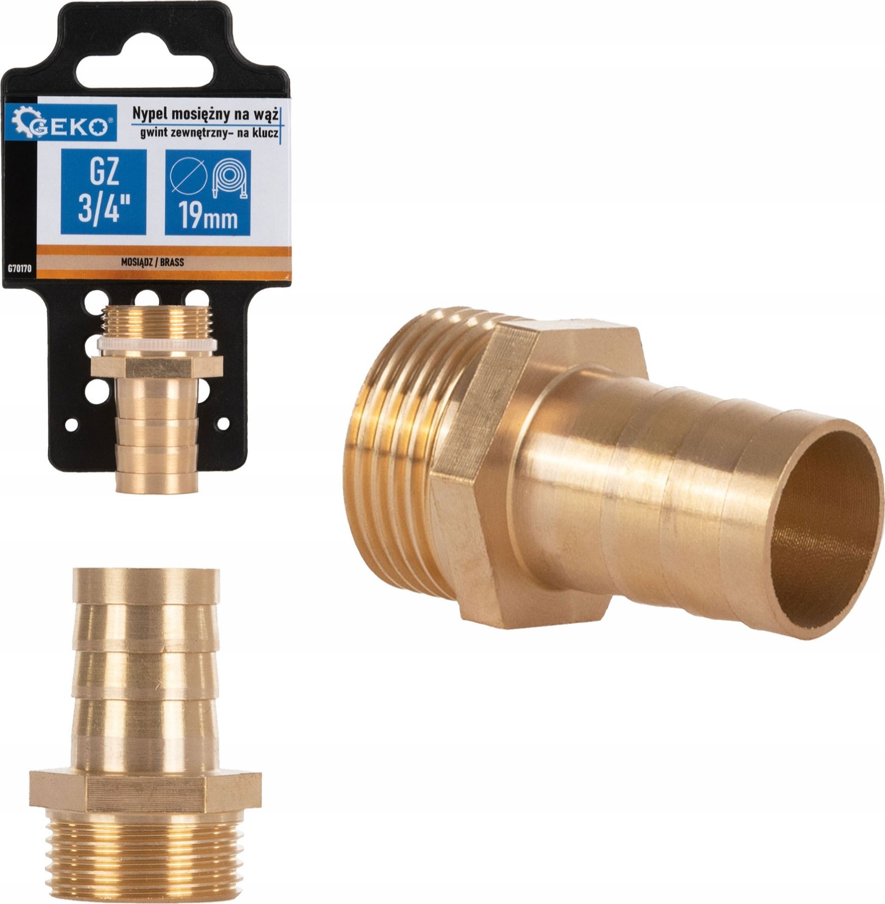 Geko Nypel mosiężny na wąż 19mm – gwint zewnętrzny 3/4" – na klucz (250)