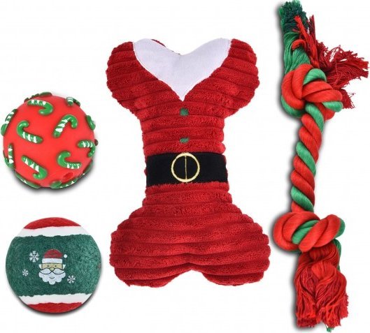 Barry King Zestaw zabawek dla psa: piłka winylowa 6,7cm, piłka tenisowa 6,3cm, kość pluszowa 21cm, sznur 32cm, czerwony, 4szt/op.