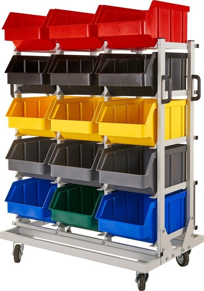 qBox Regał do pojemników warsztatowych, jezdny. Wym: 1380x970x600mm 15 pojemników (Regał bez pojemników)