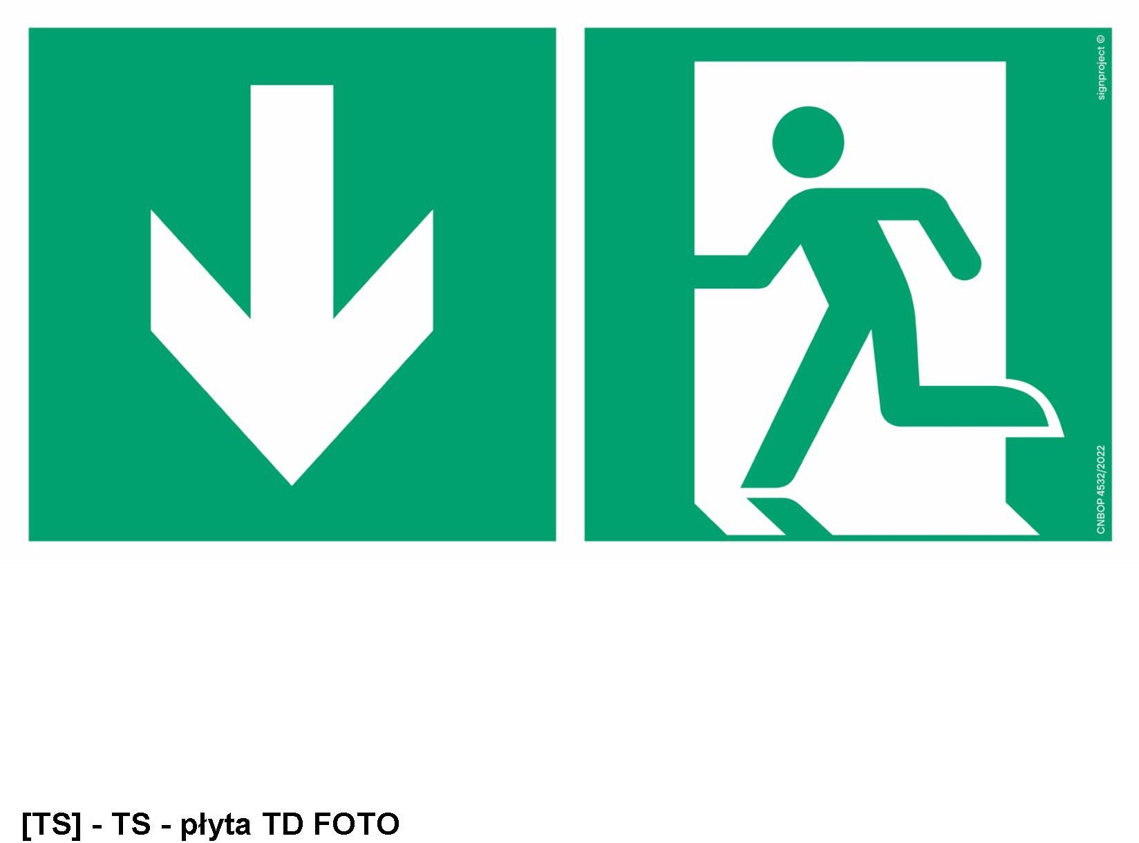 AE094 - Kierunek do wyjścia ewakuacyjnego w dół lewostronny 300x150