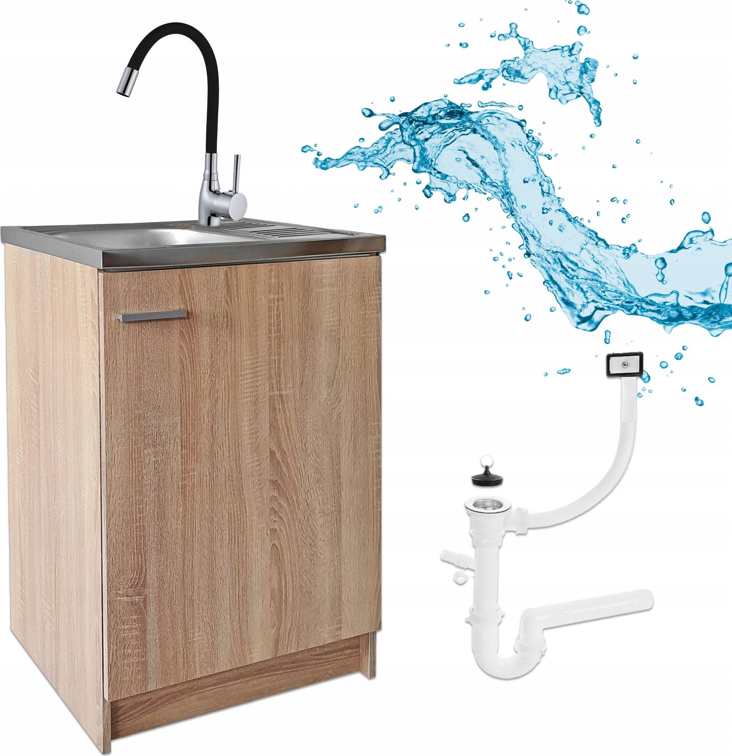 Stamar Szafka Kuchenna Sonoma 60 + Zlew Deante + Bateria Elastyczna Czarna + Syfon