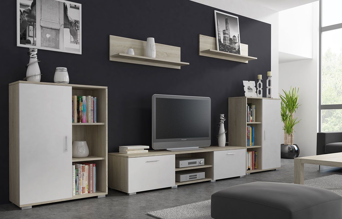 Elior Meblościanka Pixelo 3X - biała + dąb sonoma