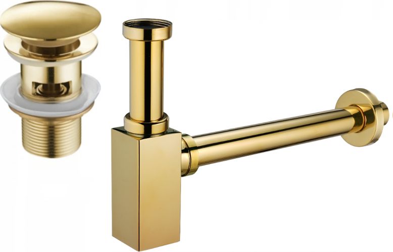 Syfon Mexen Mexen półsyfon umywalkowy kwadratowy z korkiem klik-klak, z przelewem, złoty - 7992060-50