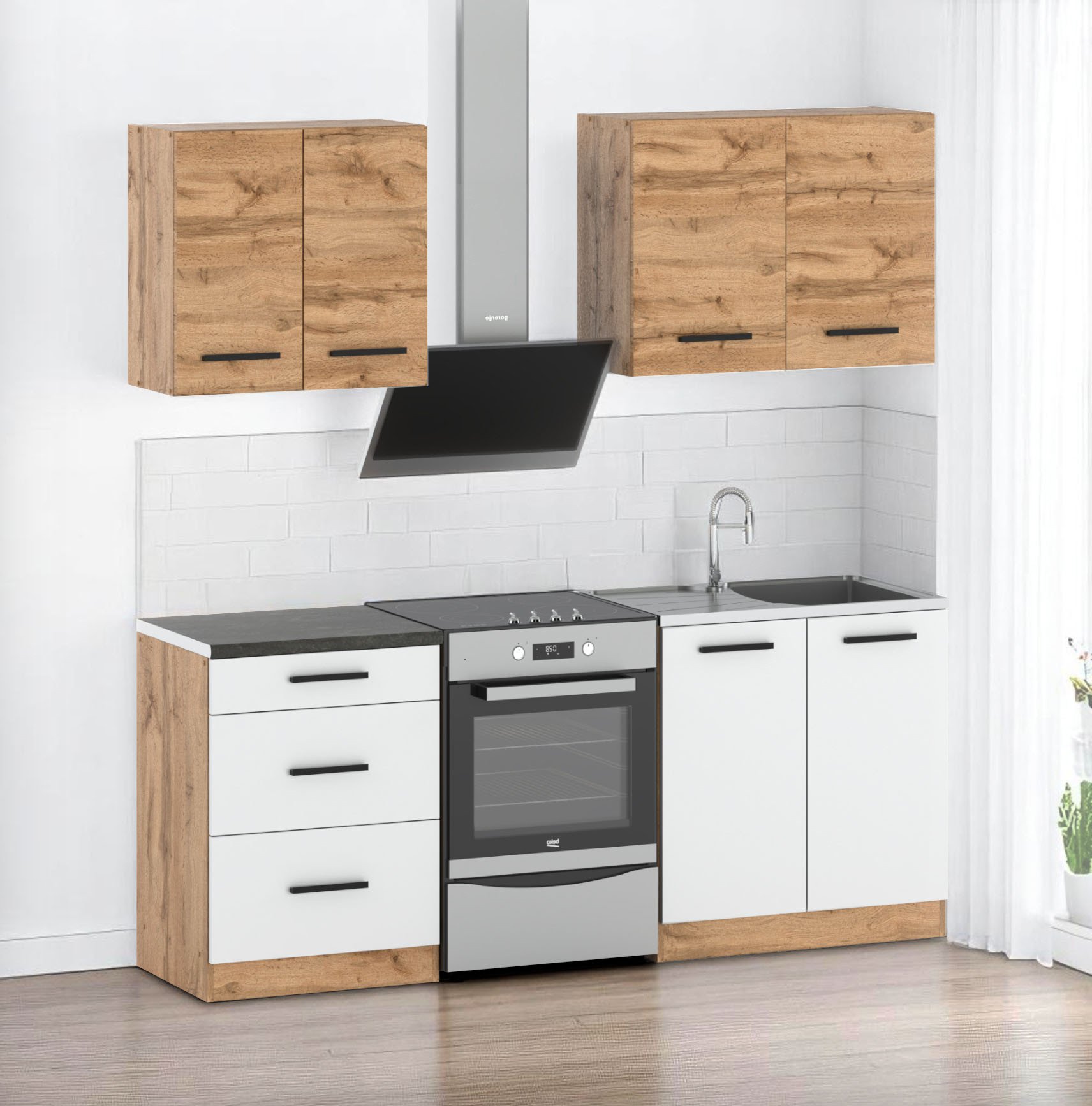 Meble kuchenne modułowe małe z blatem pojemne 2m wotan dąb wotan biały mat