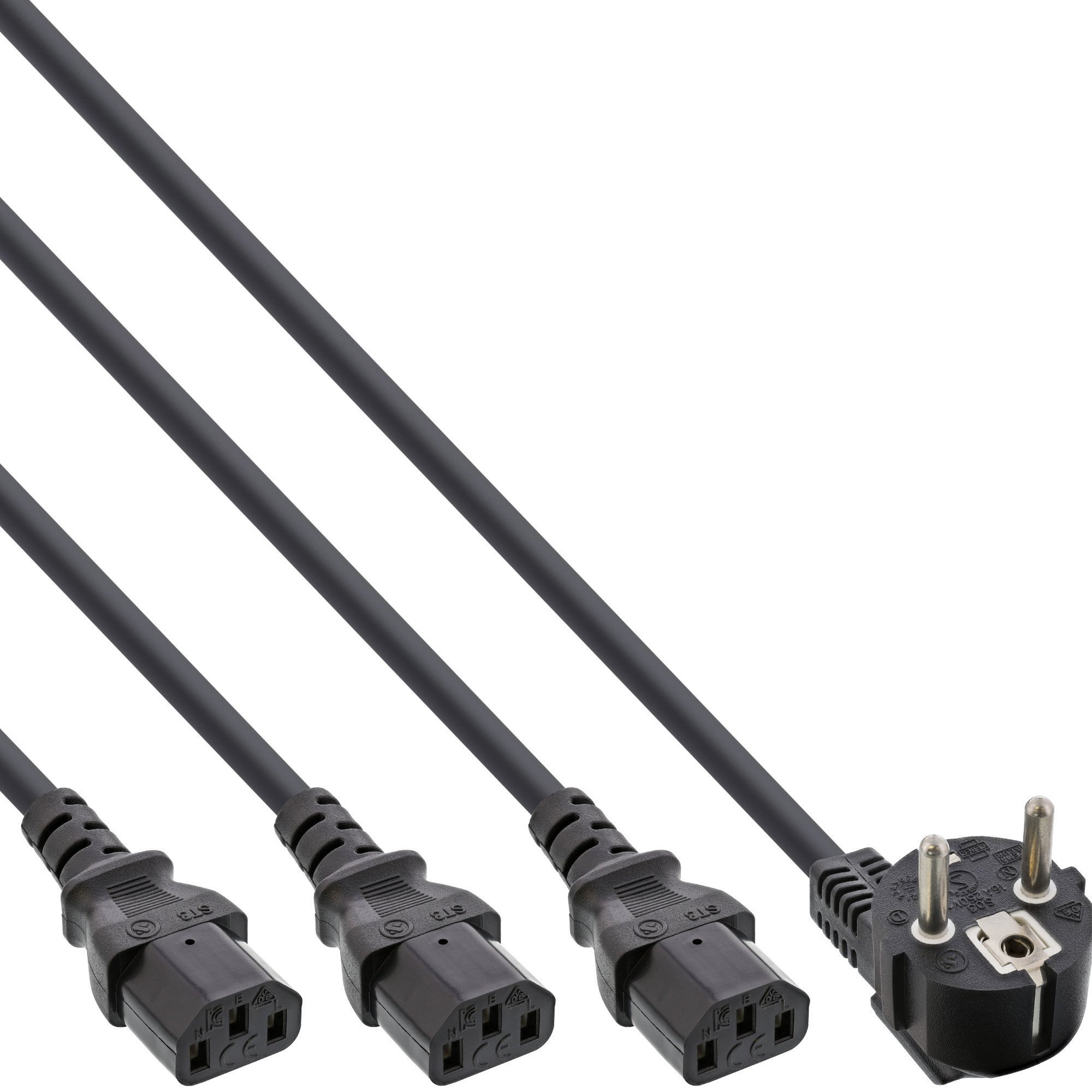 INLINE Netz-Y-Kabel 1x Schukostecker auf 3x Kaltgeraetestecker 2m auf 1m 2m und 3m schwarz