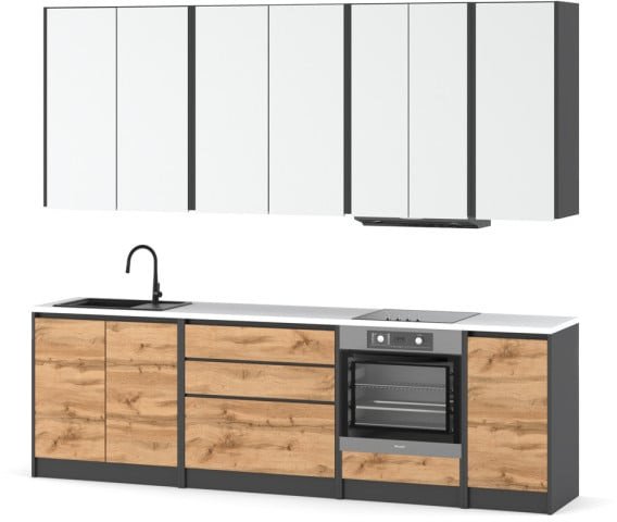Meble Kuchenne Z Blatem Modułowe Bella 2.6m Piekarnik Szary Biały Dąb Wotan