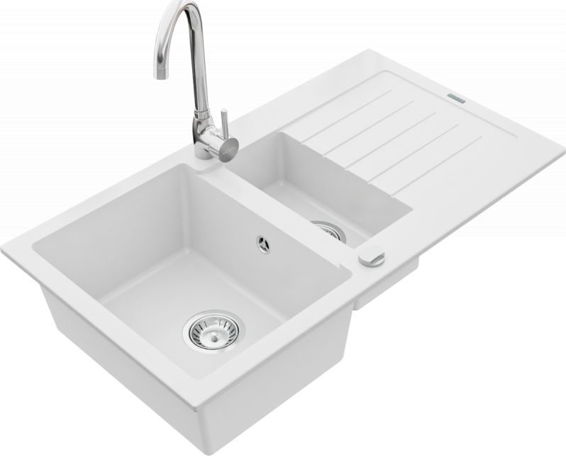 Zlewozmywak Mexen Matias granitowy 1,5-komorowy z ociekaczem i baterią kuchenną Telma, biały - 6502-20-670200-00