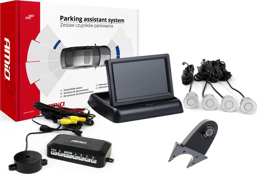 AMiO Zestaw czujników parkowania tft02 4,3" z kamerą hd-502-ir 4 sensory srebrne