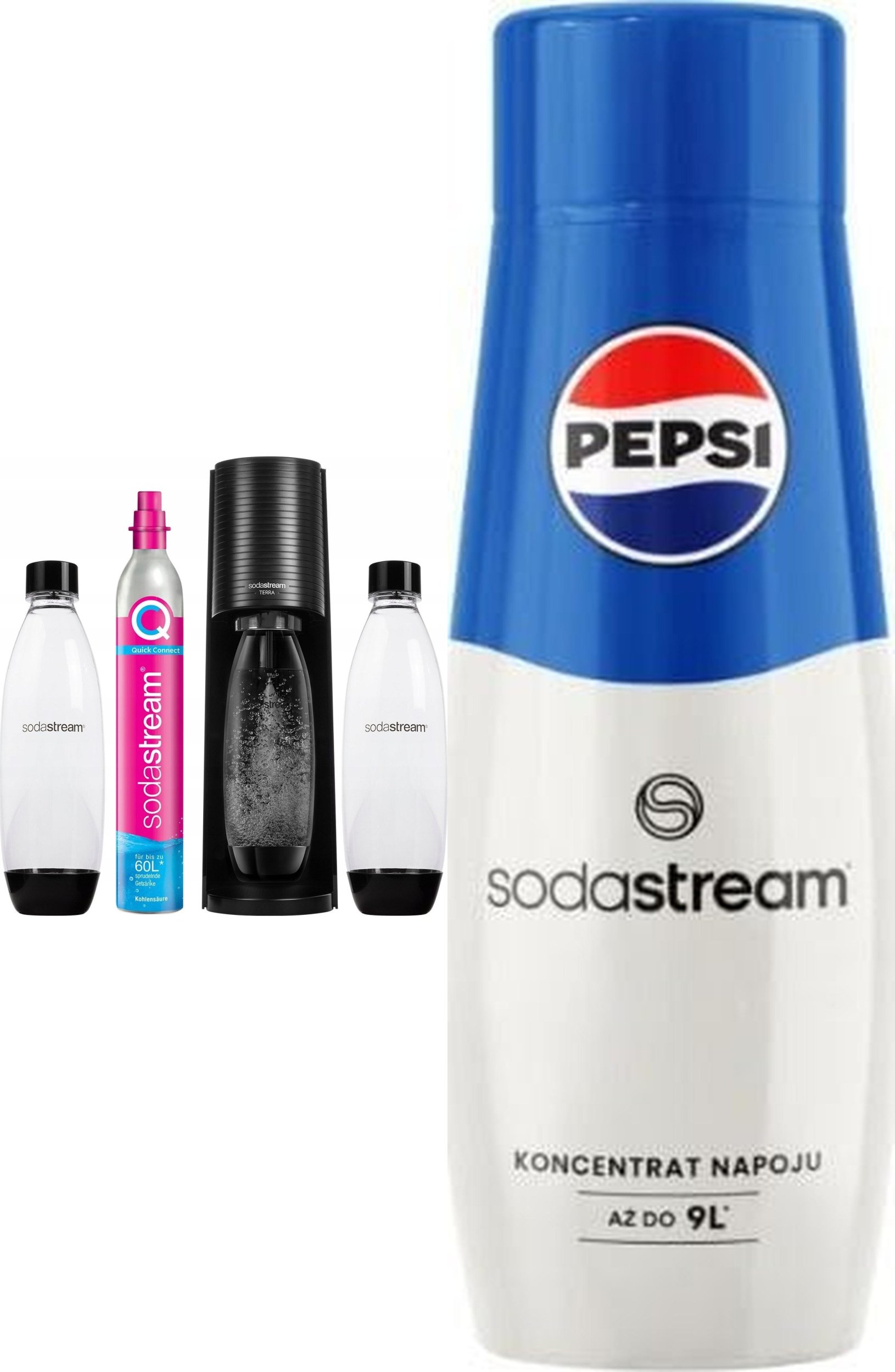 Saturator Sodastream Terra + 2 butelki + gaz Czarny + syrop Pepsi