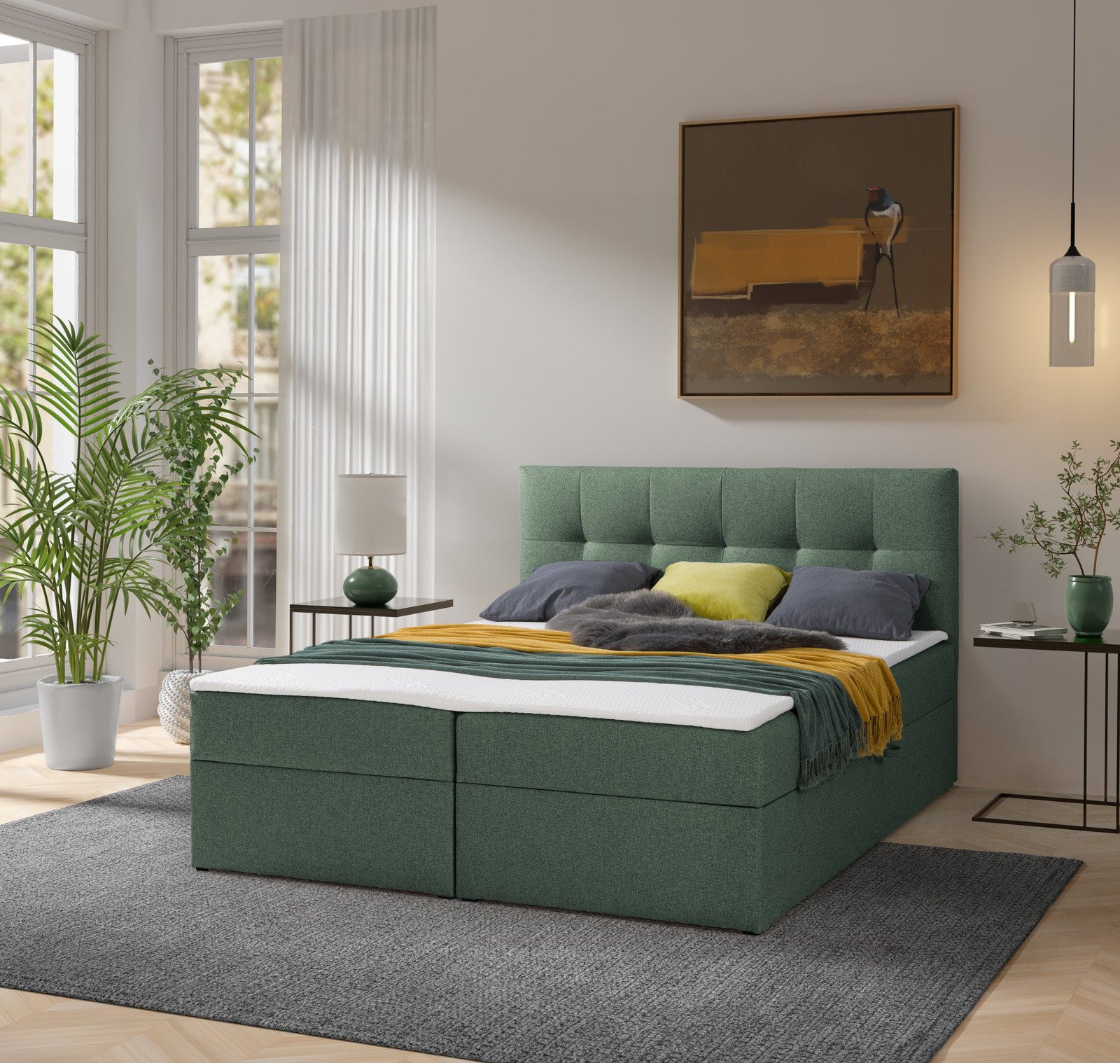 Łóżko kontynentalne Toronto 140200 (Herbi 10 - Zielony) z materacem bonell i topperem