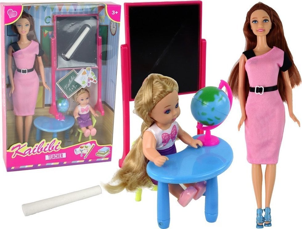 LeanToys Lalka Dla Dzieci Nauczycielka Z Uczennicą Szkoła Tablica Globus Akcesoria