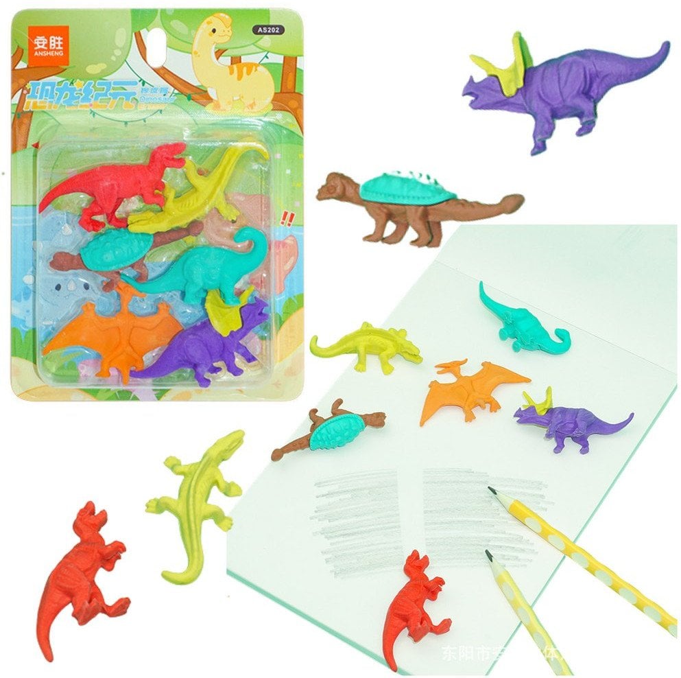 Zestaw Gumek Do Ścierania Zmazywania Szkolne Dinozaury 6szt