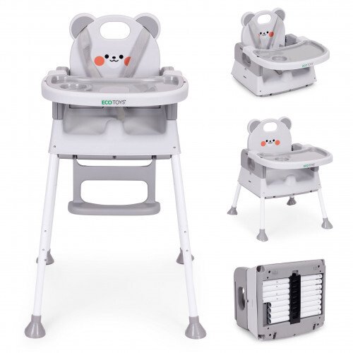 Ecotoys Fotelik krzesełko do karmienia dzieci 3w1 podwójna tacka 5-punktowe pasy szary