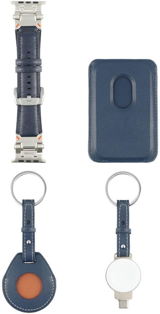 4smarts Zestaw akcesoriów 4w1 Style portfel MagSafe, ładowarka do Apple Watch, pasek do Apple Watch, etui na AirTag, niebieski